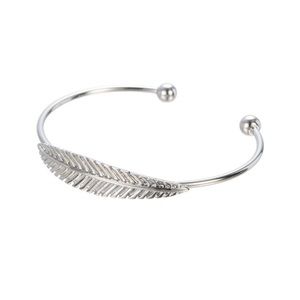 Boho Silver Tone Feather Open Cuff Bangle Bracelet